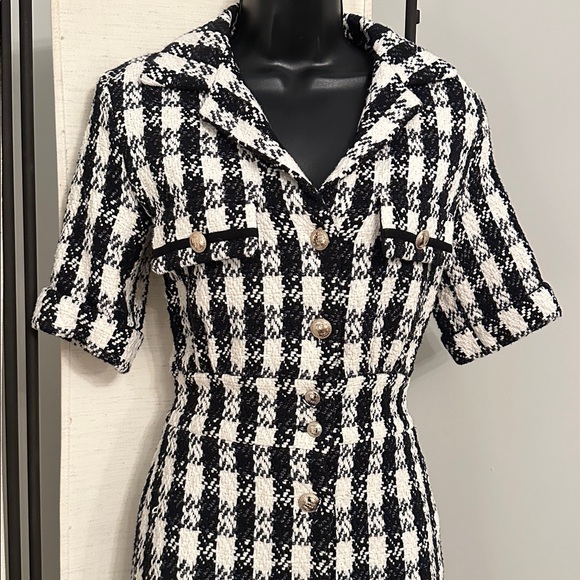 Maje Ricky Tweed Black White Houndstooth Mini Collar Shirt Mini Dress 36 - Picture 10 of 15